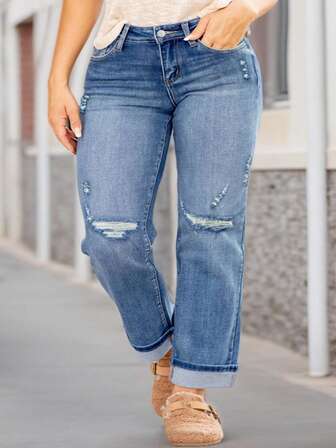 大码女式做旧牛仔裤 - 中度水洗蓝色长裤 - 舒适优质