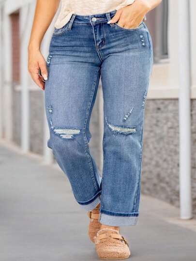 Plus Size Damjeans med slitna detaljer - Mellanblå långbyxor - Bekväma och högkvalitativa