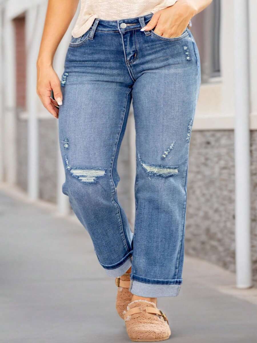 Plus Size Women's Distressed Denim Jeans - Medium Wash Blue Long Pants - Comfortable And High Quality - Medium Wash - View 1