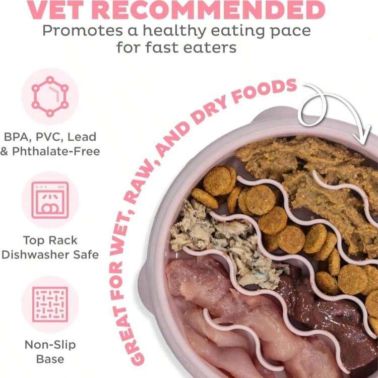 Outward Hound Small Fun Feeder Slow Bowl, Puzzle For Fast Eaters, Puppies, Cats &Amp; Small Dogs, Wet Or Dry Food, Helps Prevent Bloat &Amp; Aid Digestion, 3/4 Cup Capacity, Non-Slip, Made Without BPA, Pink - MàuE - Xem 3