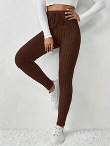 Autumn And Winter Solid Color Slim Fit High Waist Solid Color Knit Ribbed Knit Elastic Fleece Large Ribbed Waist Leggings Stage And Concert Home Women's Style Cool European And American Style! - Brown - View 5