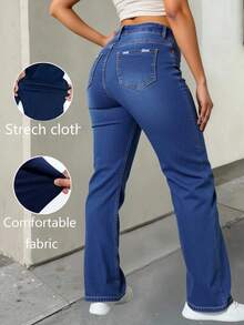 Pantalones vaqueros azules de tiro alto con corte de campana, elásticos y cómodos, versátiles para uso casual - Azul lavado medio - Ver 3