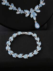 4 Pieces/Set Rhinestone Rhinestone Bridal Bridesmaid Jewelry Set, Elegant Horse Eye Pointy Rhinestone Leaf Necklace Pendant Earrings Bracelet Set, Suitable For Women's Wedding Party Accessories - Baby Blue - View 7
