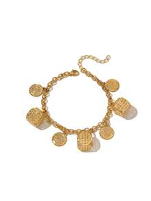 1pc Vintage Copper Alloy Gold-Plated Hollow Square Coin Pendant Necklace Chain Bracelet Set, Suitable For Women Everyday Wear And Gifts, Exclude Gift Box Shown In Image - Yellow Gold - View 5