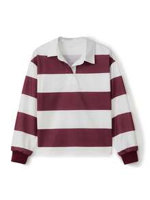 Women Striped Rugby Shirt Long Sleeve Color Block Polo Shirts Y2k Vintage Collared Sweatshirt Teens Girls Preppy Pullover Tops Streetwear - Màu Đỏ Sâu - Xem 7