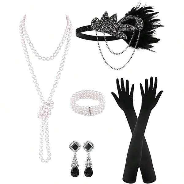 5 pièces d'accessoires modernes pour femmes des années 1920, des accessoires de robe moderne des années 1920 parfaits pour divers événements tels que des fêtes à thème Gatsby, des cocktails, des mariages, des soirées costumées, Noël, anniversaires, bals, proms, costumes de cosplay et célébrations art déco. Ces accessoires ajoutent un charme vintage à n'importe quelle tenue.