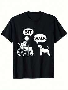 Humorous 'Sit& Walk' Men'S Wheelchair And Dog Pattern T-Shirt- 100% Cotton, Comfortable Fit, Crew Neck, Machine Washable- Suitable For Daily Wear And Travel- Sizes S To 5XL - 黑色 - 查看 1