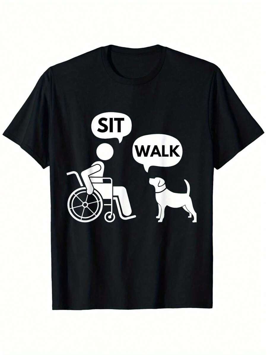 Humorous 'Sit& Walk' Men'S Wheelchair And Dog Pattern T-Shirt- 100% Cotton, Comfortable Fit, Crew Neck, Machine Washable- Suitable For Daily Wear And Travel- Sizes S To 5XL - 黑色 - 查看 1