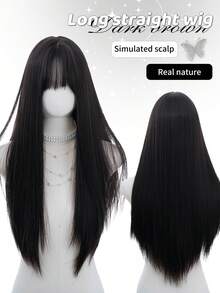alicegarden 1 Synthetic Heat-Resistant Wig, Black Long Straight Wig With Bangs, 28 Feet Long, Made Of Fiber, Suitable For Daily Use, Natural Simulation Wig