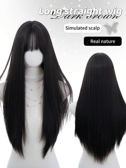 alicegarden 1 Synthetic Heat-Resistant Wig, Black Long Straight Wig With Bangs, 28 Feet Long, Made Of Fiber, Suitable For Daily Use, Natural Simulation Wig