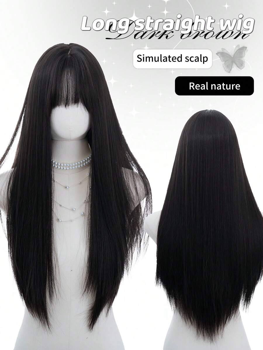 alicegarden 1 Synthetic Heat-Resistant Wig, Black Long Straight Wig With Bangs, 28 Feet Long, Made Of Fiber, Suitable For Daily Use, Natural Simulation Wig