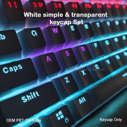 黑白定制半透明键帽，PBT 材质耐用，OEM 配置文件，104 键，适用于更多机械键盘、办公和游戏用途