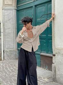 男士条纹长袖衬衫，时尚休闲风格，适合春秋季穿着。 - 卡其色 - 查看 2