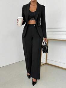 Women's Elegant Daily Commuting Solid Color Green Collar Fake Pocket Suit Jacket And Design Straight Pants Two-Piece Suit - màu đen - Xem 2