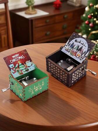 2PCS Merry Christmas Music Box Hand Music Box, Wooden Christmas Music Box Mini Vintage Carving Music Box Merry Christmas Decoration New Year Christmas Gift For Men And Women Home Decor Christmas Decorations Room Decor