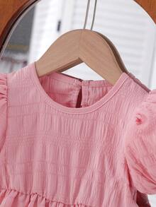 女婴可爱纯色圆领泡泡袖A字公主裙，舒适优雅，适合居家、日常穿着、外出、春夏季 - 粉色 - 查看 4