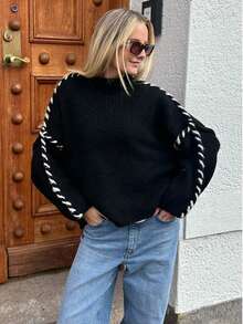 Women's Loose Handmade Color Block Drawstring Knit Sweater, Minimalist & Fashionable, Elegant Women's Apparel, Suitable For Everyday Wear, Autumn/Winter - Black - View 4