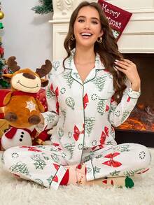 2pcs Set Piyama Nyaman Motif Asimetris Pohon Natal dengan Saku Gagang Payung, Atasan Lengan Panjang dan Celana dengan Trim Warna Kontras, Set Piyama Kasual Bahan Bubble Crepe Lembut, Pakaian Musim Gugur - Putih - View 6