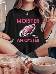 100% Cotton Funny Oyster Inappropriate Adult Humor Weird Cringe Women T-Shirt Shirt  Women - 黑色 - 查看 1