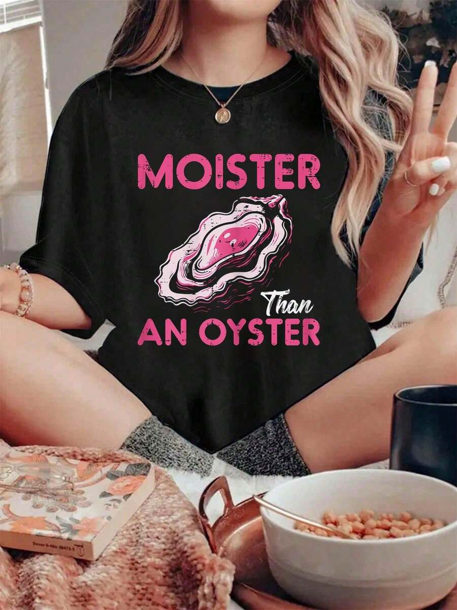 100% Cotton Funny Oyster Inappropriate Adult Humor Weird Cringe Women T-Shirt Shirt  Women - 黑色 - 查看 1