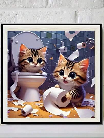 1 件可爱小猫玩卫生纸钻石画 DIY 套装 - 马赛克手工绘画装饰，20x20 英寸，浴室里两只顽皮的小猫，互动场景，生动有趣，家居装饰艺术，手工爱好 DIY，节日惊喜礼物