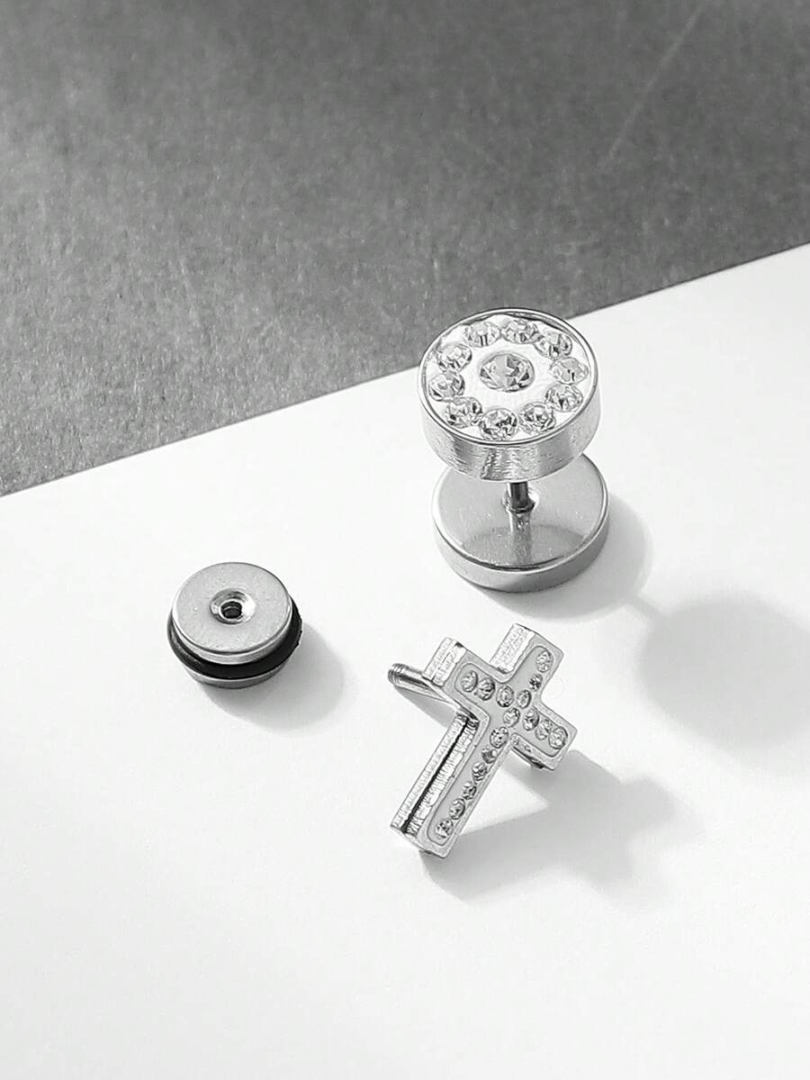 1 Pair Men's Hip Hop Fashion Rhinestone Stainless Steel Cross Geometric Stud Earrings, Suitable For Men's Daily, Party, Street, Nightclub, Punk Style Wear