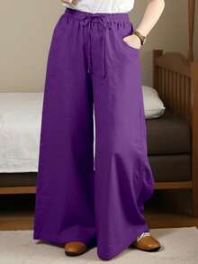 Women's Relaxed Wide Leg Cropped Pants With Pockets, Plus Size Cotton Linen Blend, Lightweight And Breathable, Loose Comfortable Fit, Multiple Color Options, Boho Inspired Style, Simple Versatile Design, Ideal For Everyday Wear, City Walks, Travel Vacations, Work Commute, Back To School Outfits, Casual Date Looks, And Valentine's Day Outfits - 紫色 - 查看 2