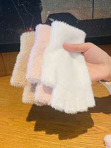 1 双人造毛皮半指手套，温暖柔软的女士无指手套，适合户外运动、秋冬季骑行，情人节的绝佳礼物 - 彩色 - 查看 1