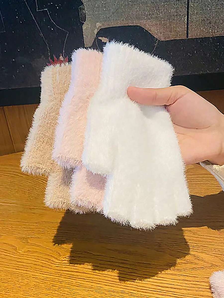 1 双人造毛皮半指手套，温暖柔软的女士无指手套，适合户外运动、秋冬季骑行，情人节的绝佳礼物 - 彩色 - 查看 1