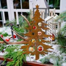 1 pieza Estaca de árbol de Navidad de metal vintage oxidado - Decoración navideña resistente a la intemperie para exteriores, con diseño de estrella y adorno, perfecta para patio, césped, porche o cerca, decoración del hogar y jardín para Navidad