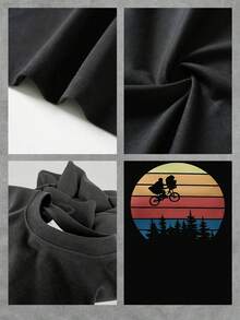 Camiseta gráfica de ciclismo al atardecer retro para mujer, de cuello redondo y corte relajado con estampado único, cómoda para uso diario, tela de mezcla de algodón suave y transpirable, perfecta para un estilo informal y aventuras al aire libre. - Negro - Ver 4