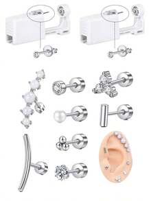 一次性耳洞枪套装，耳洞穿刺套装，自穿耳洞套装，金银耳环，防过敏不锈钢穿孔工具，家用 20G 人造珍珠耳钉和 2mm 3mm 4mm CZ 平背耳钉 - 彩色 - 查看 11