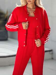 ChicMe 3件套女士条纹吊带装饰无袖背心、纽扣前襟外套、抽绳口袋长裤，时尚休闲运动套装 - 紅色 - 查看 8