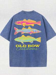 Men's Casual Summer Washed Cotton T-Shirt [Old Row Outdoor] Fish Print, Round Neck, Short Sleeves, Lightweight Cotton Knitted Fabric, Casual Summer Round Neck Shirt |   Rib Details.-Unisex Women & Men's Tees - 寶藍色 - 查看 2