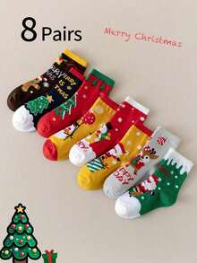 8 Pairs Kids/Children Cartoon Christmas Socks, Santa Claus & Reindeer Mid-Calf Socks, Warm Thermal Crew Socks For Students, Autumn/Winter