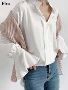 Elva Solid Color Chiffon V-Neck Long Sleeved Trumpet Sleeve White Loose Casual Daily Office Korean Version Fall Women Clothes Casual Outgoing Vacation Office Commuting Christmas Button Up Women's Shirt