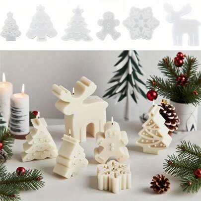 6 moldes de silicona con temas navideños: reutilizables, fáciles de desmoldar, adecuados para velas aromáticas DIY, jabones hechos a mano y decoraciones de yeso - incluye patrones de árbol, copo de nieve, muñeco de nieve y reno - decoración de regalo perfecto para las fiestas
