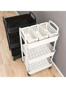 大型多功能四层置物推车，配备4个挂钩和2个挂桶。多种规格可选。加厚加固版，采用耐用PP塑料材质，配备360°旋转轮 | 适用于厨房、浴室和卧室收纳。节省空间的篮筐托盘整理工具 - 彩色 - 查看 13