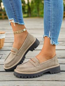 Mocasines de suela gruesa y ajuste ancho con punta redonda, para primavera y verano. Zapatos casuales ligeros, cómodos y elegantes para viajes y vacaciones al aire libre. Parte superior de cuero. Adecuado para estudiantes y tallas grandes. Se recomienda pedir 1/2 talla talla grande de su medida real, no es apto para pies estrechos. - Caqui - Ver 3