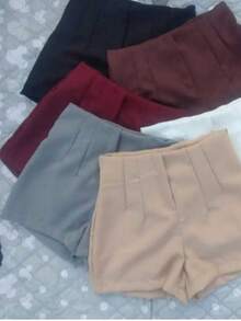 Short Feminino Cintura Alta com Zíper Lateral Elegance - Cinza - Visão 3