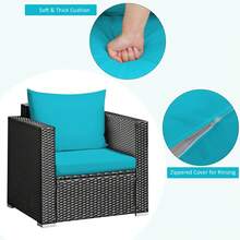 3PCS Patio Rattan Wicker Furniture Set Sofa Table W/Cushion Turquoise - 預設 - 查看 9