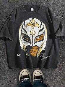 Men Fall Clothes/Fall Clothes For Women American Wrestler Figure Print Pure Cotton Washed Printed T-Shirt - A Soft And Comfortable Casual Washed T-Shirt With Bold Explosive Art Design, Short Sleeves, 100% Cotton, Men Fall Clothes/Fall Clothes For Women/Halloween Is Perfect For Home And Leisure Wear - DG004 - 黑色 - 查看 1