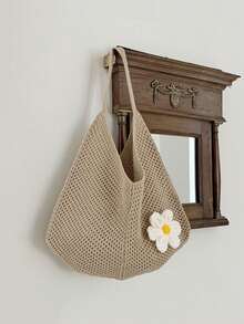 Yogodlns 镂空编织手提包，波西米亚风沙滩手提包，镂空手提包，大容量慵懒沙滩包，购物休闲沙滩包，大容量钩针花卉手提包，时尚手提包，户外旅行包，波西米亚风女装 - 杏色 - 查看 8