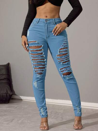 2026 Summer Edgy-Casual Women's Light Wash Ripped Skinny Jeans: Distressed, High-Waisted & Versatile For Brunch Dates, Street Strolls Or Casual Hangouts – Effortless Daily Wear That Matches Retro Or Minimalist Outfits