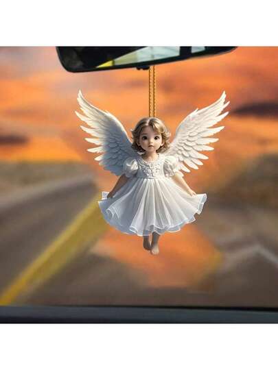 1pc Cute White Angel Car Hanging Decor, Suitable For Car, Home Decor, Keychain, Bag Charm, Ideal For Holiday And Birthday Gifts