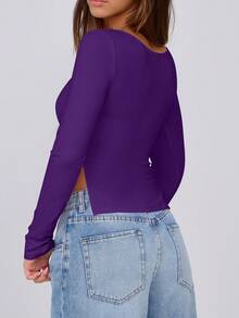 Y2K Sweetheart Collar Long Sleeve Ruched Side Slit Top T-Shirt, Spring/Autumn - Purple - View 3