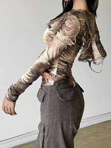 Áo thun dài tay có mũ trùm đầu dáng ôm dáng đơn sắc dành cho nữ phong cách đường phố Top Dazzle - Màu Khaki - Xem 5