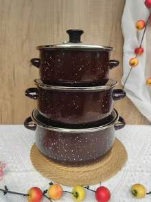 3pcs Enamel Cookware Set, Non-Stick Pots & Pans Set, Enamel Cooking Pot Set With Glass Lid, Multi-Purpose Durable Enamel Pot Set For Home Kitchen, Suitable For Gas & Induction Cooktop