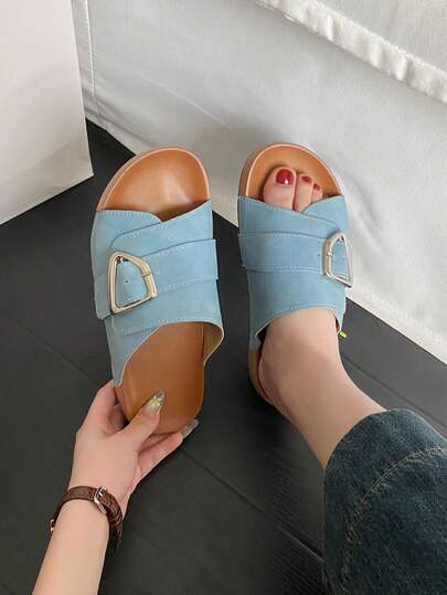 Women's Casual Slip-On Sandals With A Single Button, Soft Cork Sole, Retro Open-Toe Breathable Slippers, Comfortable, Slip-Resistant, Durable Slippers, Lightweight And Versatile Women's Sandals.