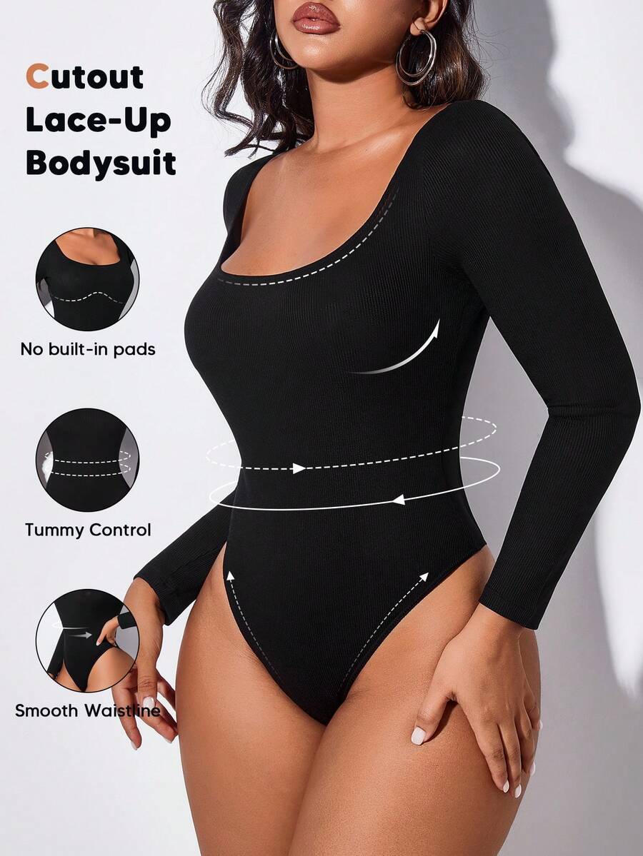 Women's Openback Square Neck Long Sleeve Tummy Control Bodysuit Shapewear - Black - View 1
